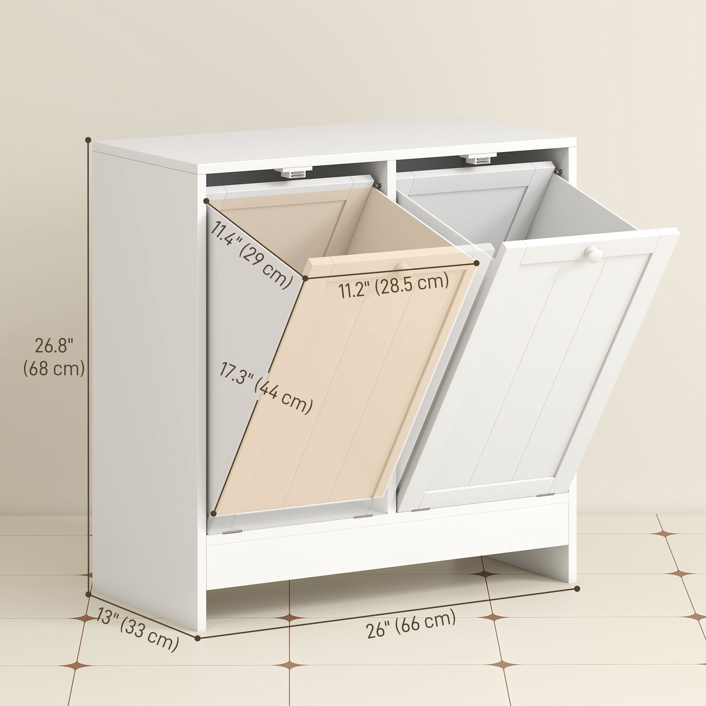 Tilt-Out Laundry Storage Cabinet, Modern Laundry Hamper with 2 Compartments for Bathroom Washroom, White