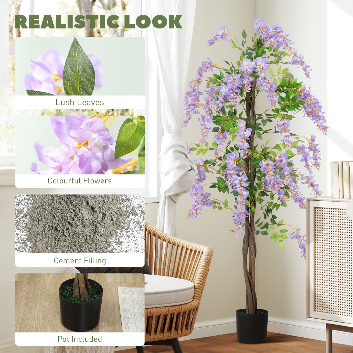 5.9FT Fake Wisteria Tree with Natural Wood Trunk, Artificial Plant in Nursery Pot, Greenery Tall Faux Floor Plant Purple