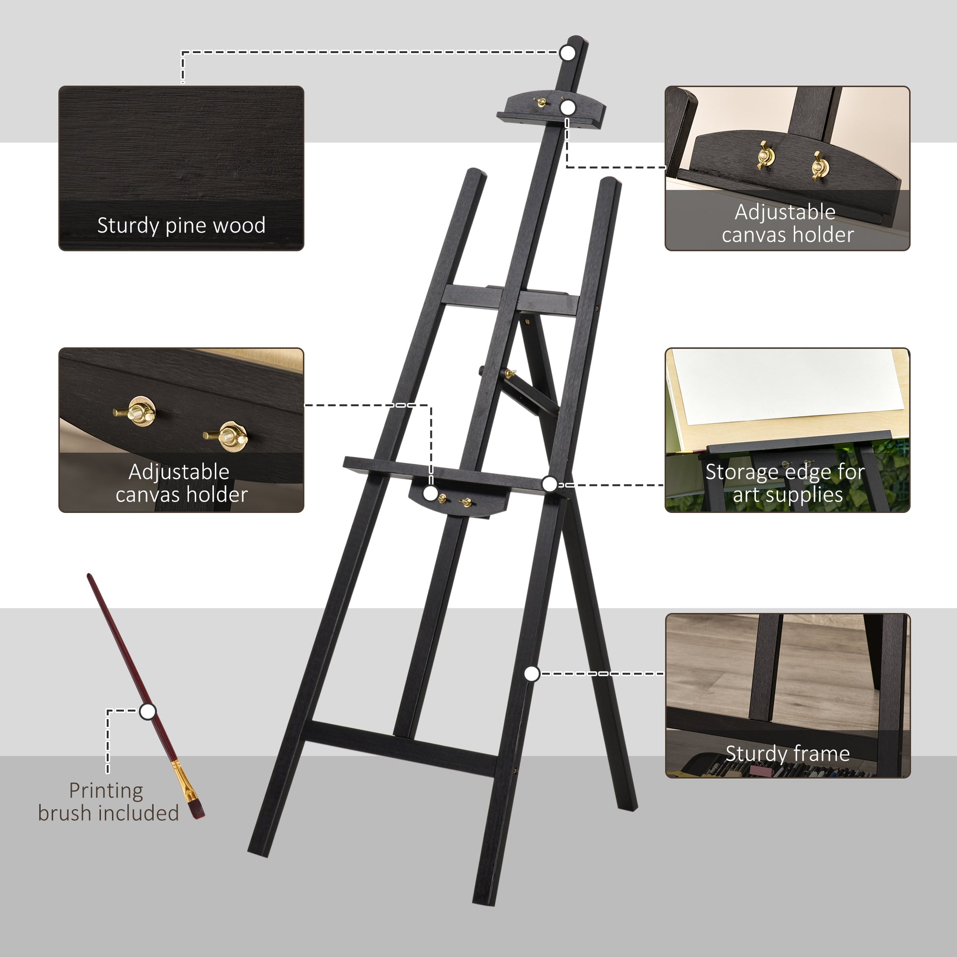 55" Pine Wood Painting Easel Stand, Adjustable Folding Art Easel, Tilts up to 75° for Adults, Begginners and Students, B