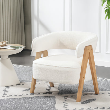 Sherpa Fleece Accent Chair, Upholstered Armchair with Solid Wood Legs and Steel Frame for Living Room, White