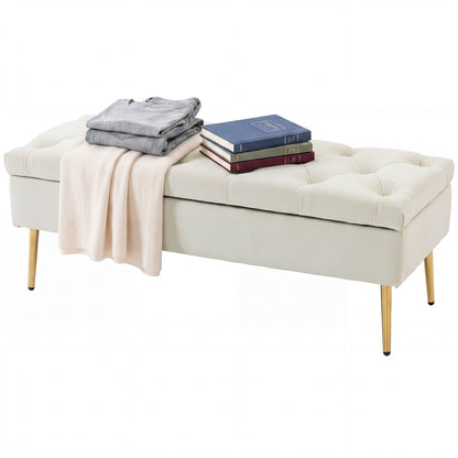 Upholstered Bedroom Bench with Gold Tone Metal Legs, Velvet Tufted and Thick Padding, Beige