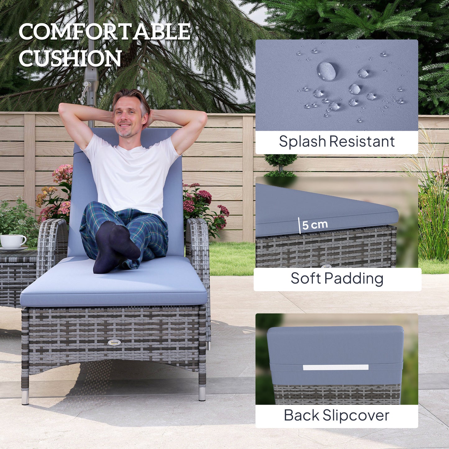 3 Pieces Wicker Patio Lounger Set with Table, PE Rattan Outdoor Lounge Chair Set with Cushions, Wheels, 5-Level Reclinin