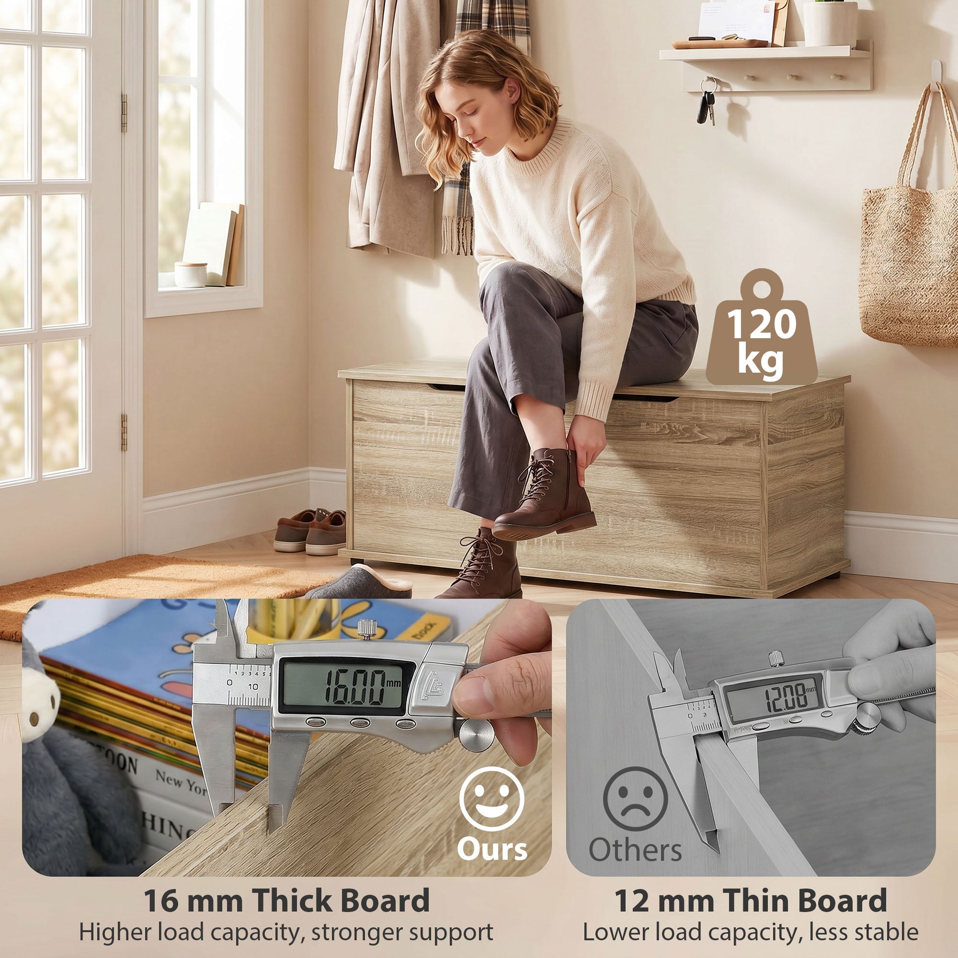 39.5" Storage Chest with 2 Safety Hinges, Storage Box Organizer with Flip-Top Lid, Entryway Storage Bench, Oak