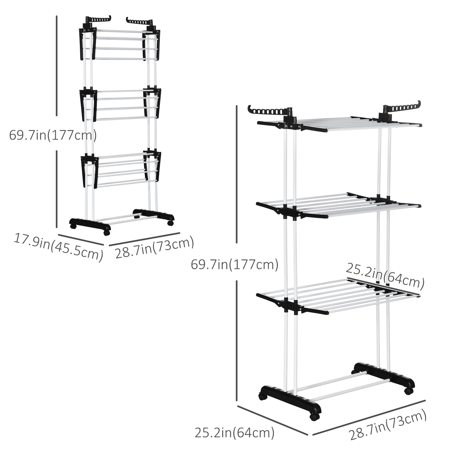 Foldable Clothes Drying Rack, 4-Tier Steel Laundry Rack for Drying Clothes with 2 Side Wings and 4 Castors, Indoor and O