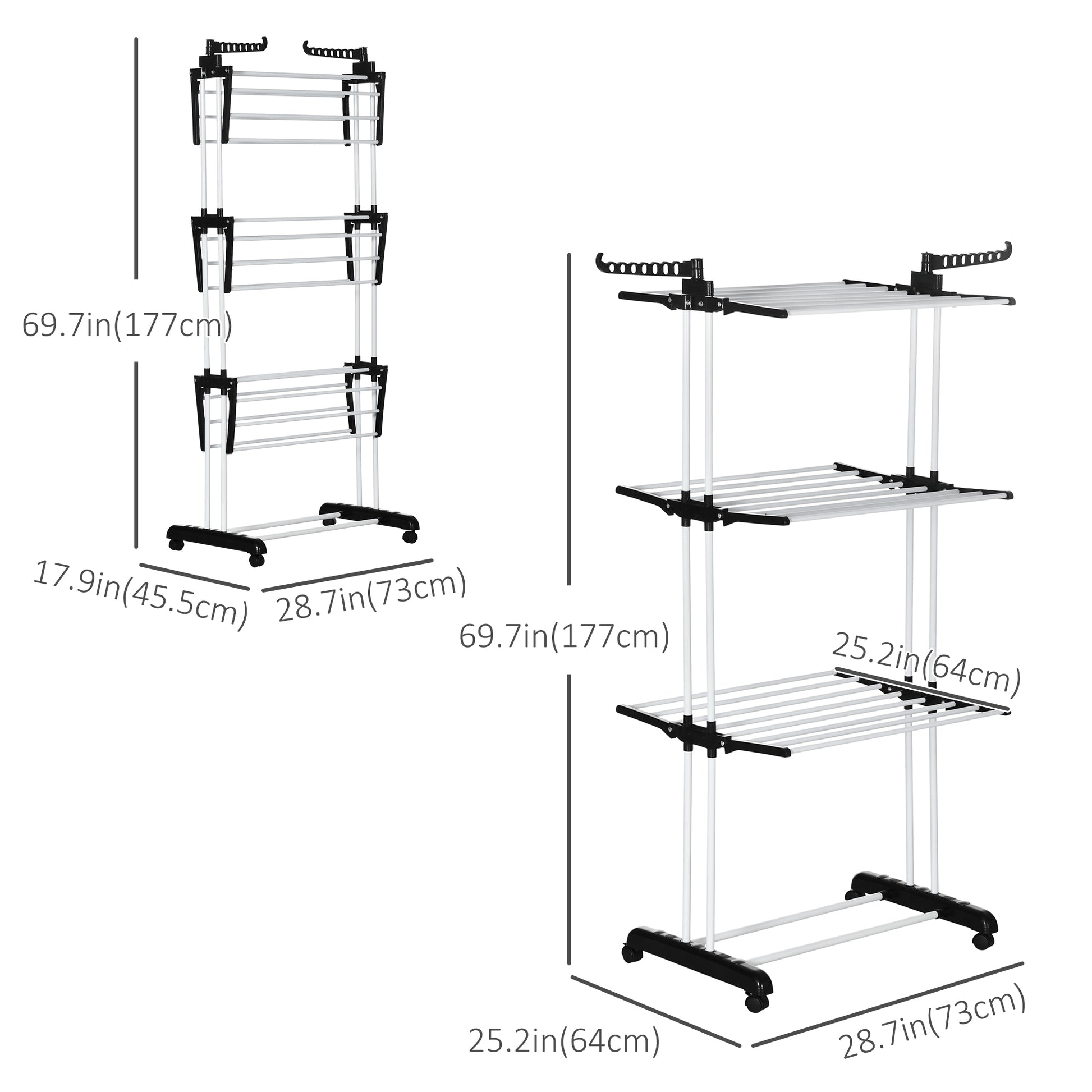 Foldable Clothes Drying Rack, 4-Tier Steel Laundry Rack for Drying Clothes with 2 Side Wings and 4 Castors, Indoor and O