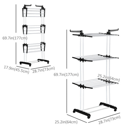 Foldable Clothes Drying Rack, 4-Tier Steel Laundry Rack for Drying Clothes with 2 Side Wings and 4 Castors, Indoor and O