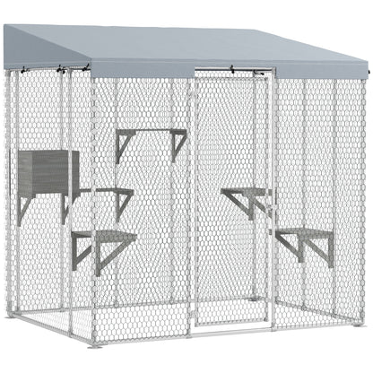 79" L Galvanized Steel Catio Outdoor Cat Enclosure w/ 420D Waterproof Canopy, Multiple Platforms, Resting Condo, Silver