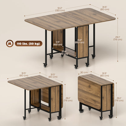Folding Dining Table, Extendable Kitchen Table for Small Spaces with Storage Shelf and 6 Wheels, Brown Wood Grain
