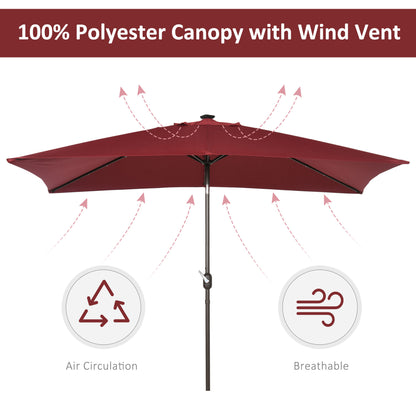 6.5x10ft Patio Umbrella Rectangle Solar Powered Tilt Aluminum Outdoor Market Parasol with LEDs Crank (Wine Red)