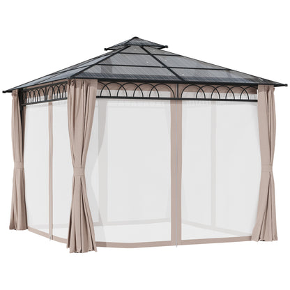 10' x 10' Outdoor Hardtop Gazebo Canopy w/ Double PC Roof, Steel Frame, Nettings, Curtains for Garden Lawn Deck, Khaki