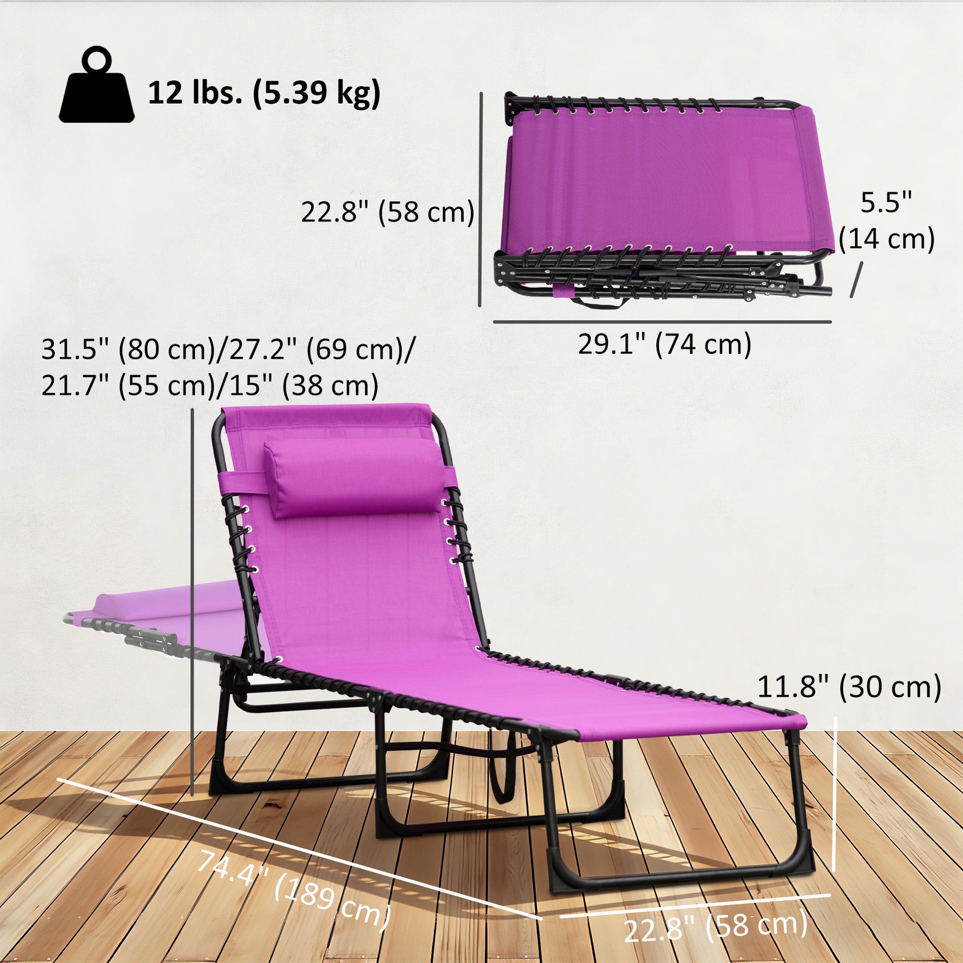 Outdoor Folding Lounge Chair, 4-Level Adjustable Chaise Lounge with Headrest, Tanning Chair Beach Bed, Reclining Lounger