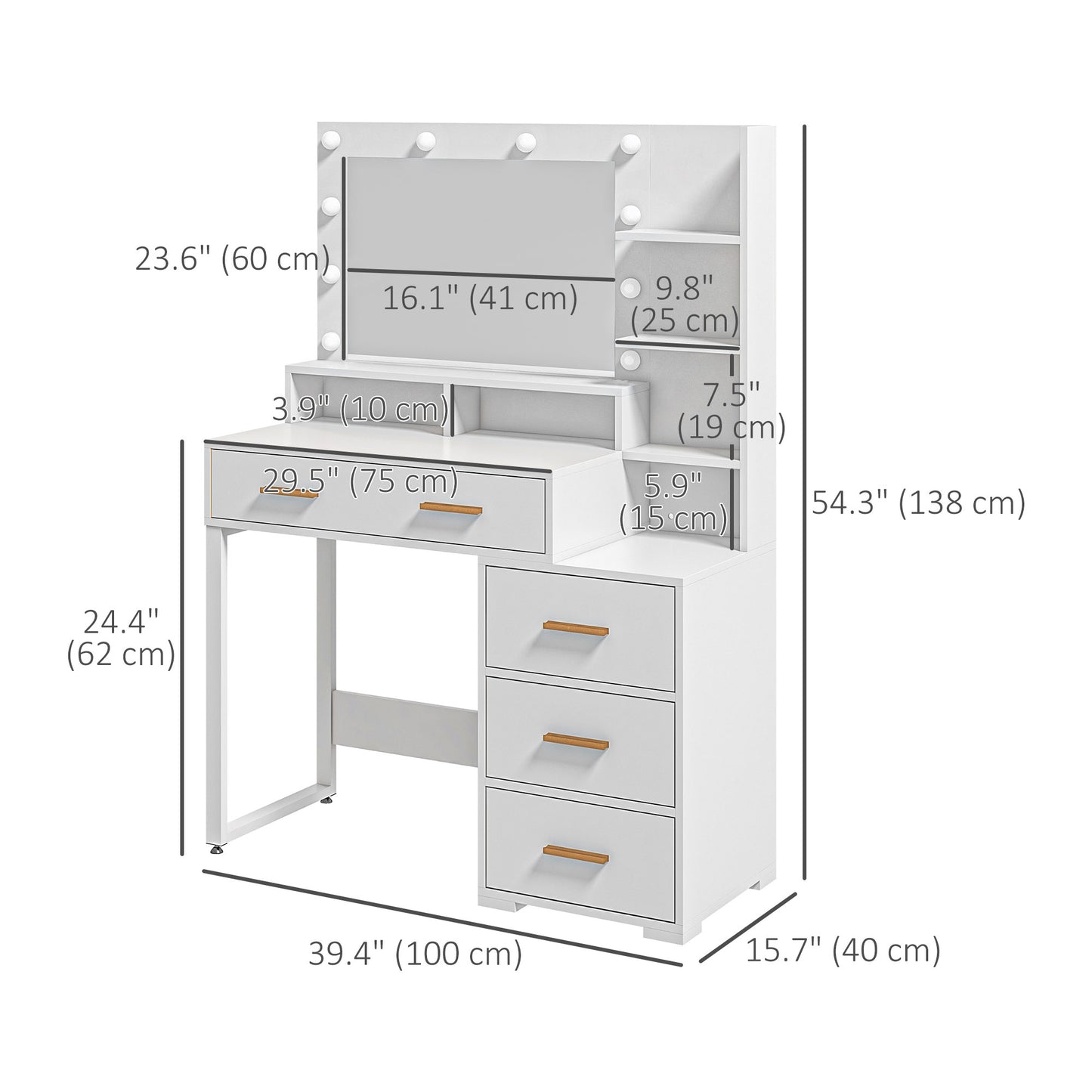 Illuminated Dresssing Table, LED Vanity Table with Mirror, Drawer and Storage Shelves for Bedroom, White