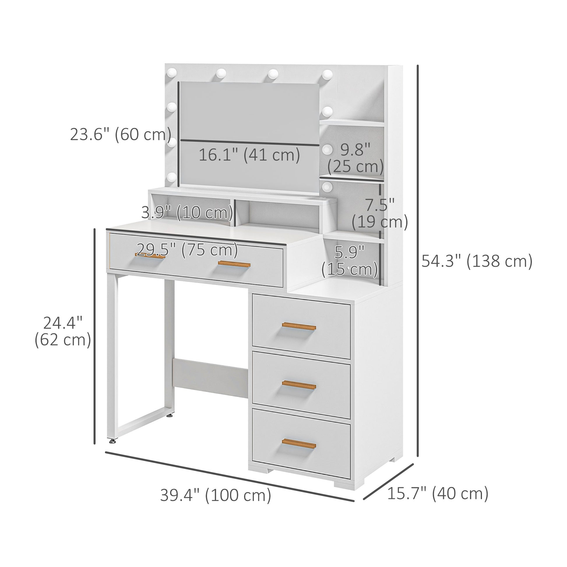 Illuminated Dresssing Table, LED Vanity Table with Mirror, Drawer and Storage Shelves for Bedroom, White