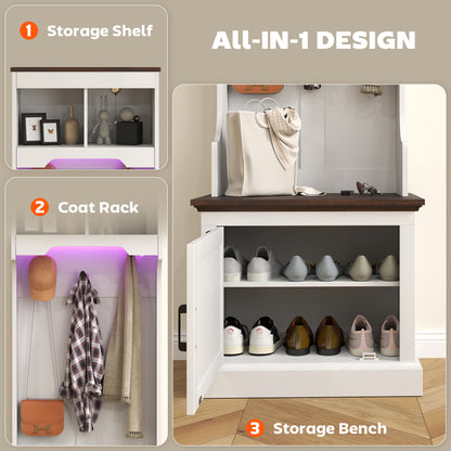 3-in-1 Hall Tree with LED Lights and Bench, Coat Rack with Shoe Storage, White Wood Grain with Light