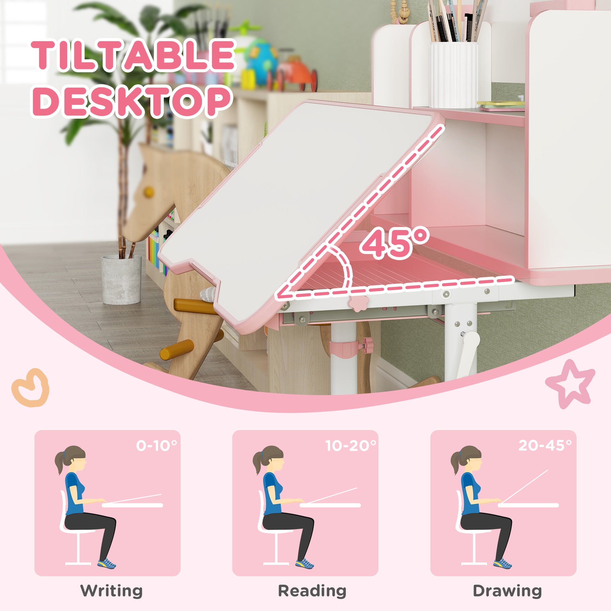 Qaba Adjustable Height Kids Desk and Chair Set, Kids Study Table and Chair with Tilt Desktop, Drawer, Reading Rack, Pink