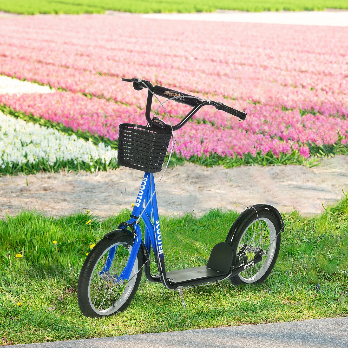 VarietyKart Kick Scooter with Adjustable Handlebar, Kids Scooter with 2 Brakes Basket Cupholder 16" Inflatable Rubber Ty
