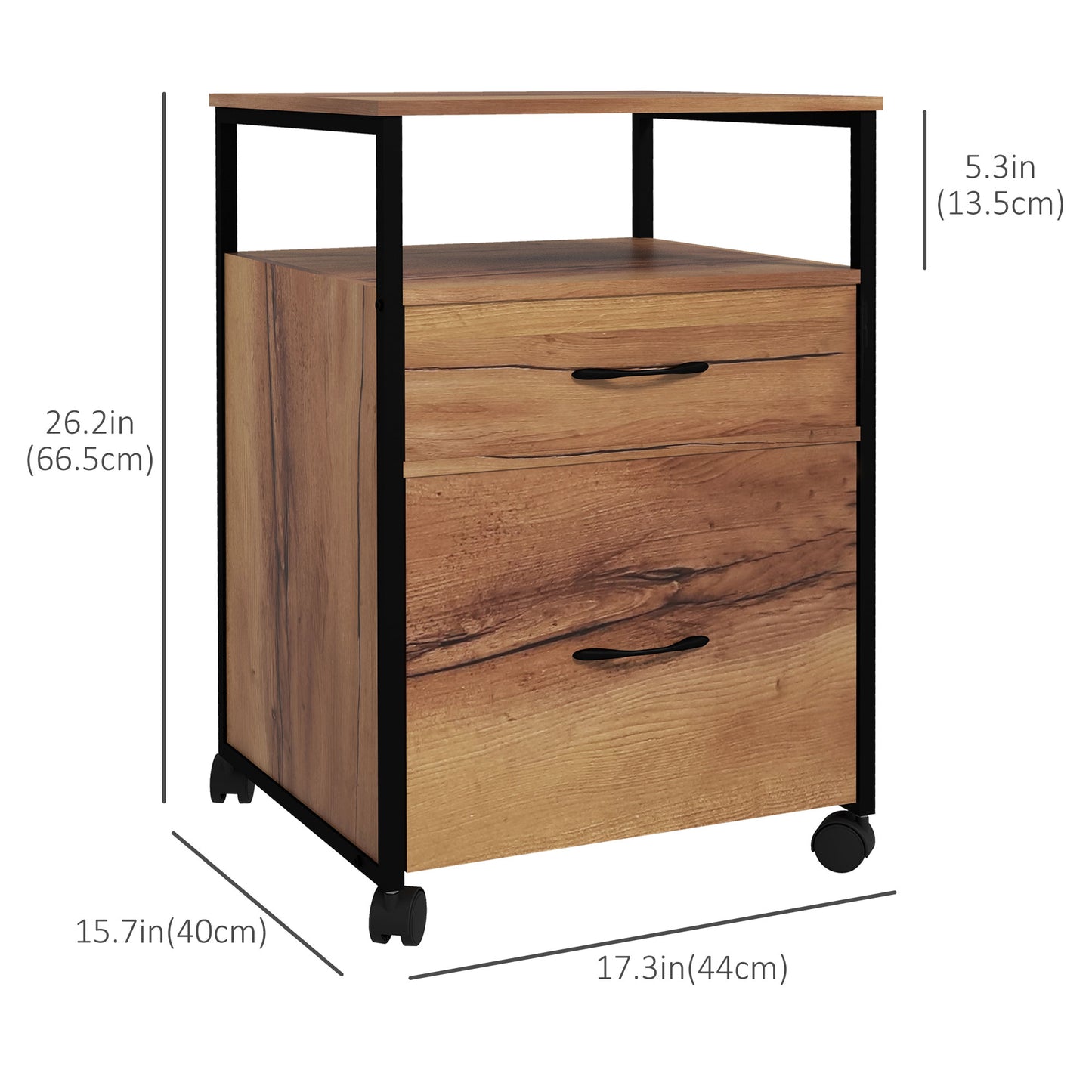 Vertical Filing Cabinet with Wheels, 26.2" Tall File Cabinet with 2 Drawers, Open Shelf, Hanging Bars for Letter and A4,