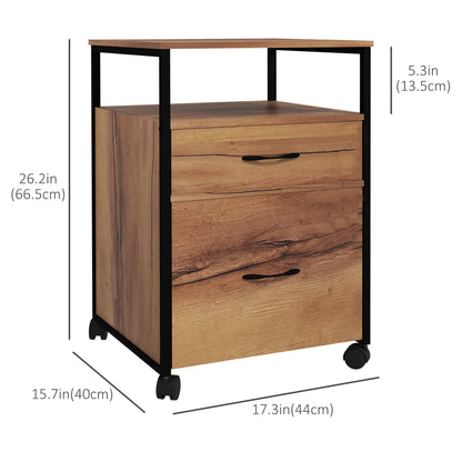 Vertical Filing Cabinet with Wheels, 26.2" Tall File Cabinet with 2 Drawers, Open Shelf, Hanging Bars for Letter and A4,