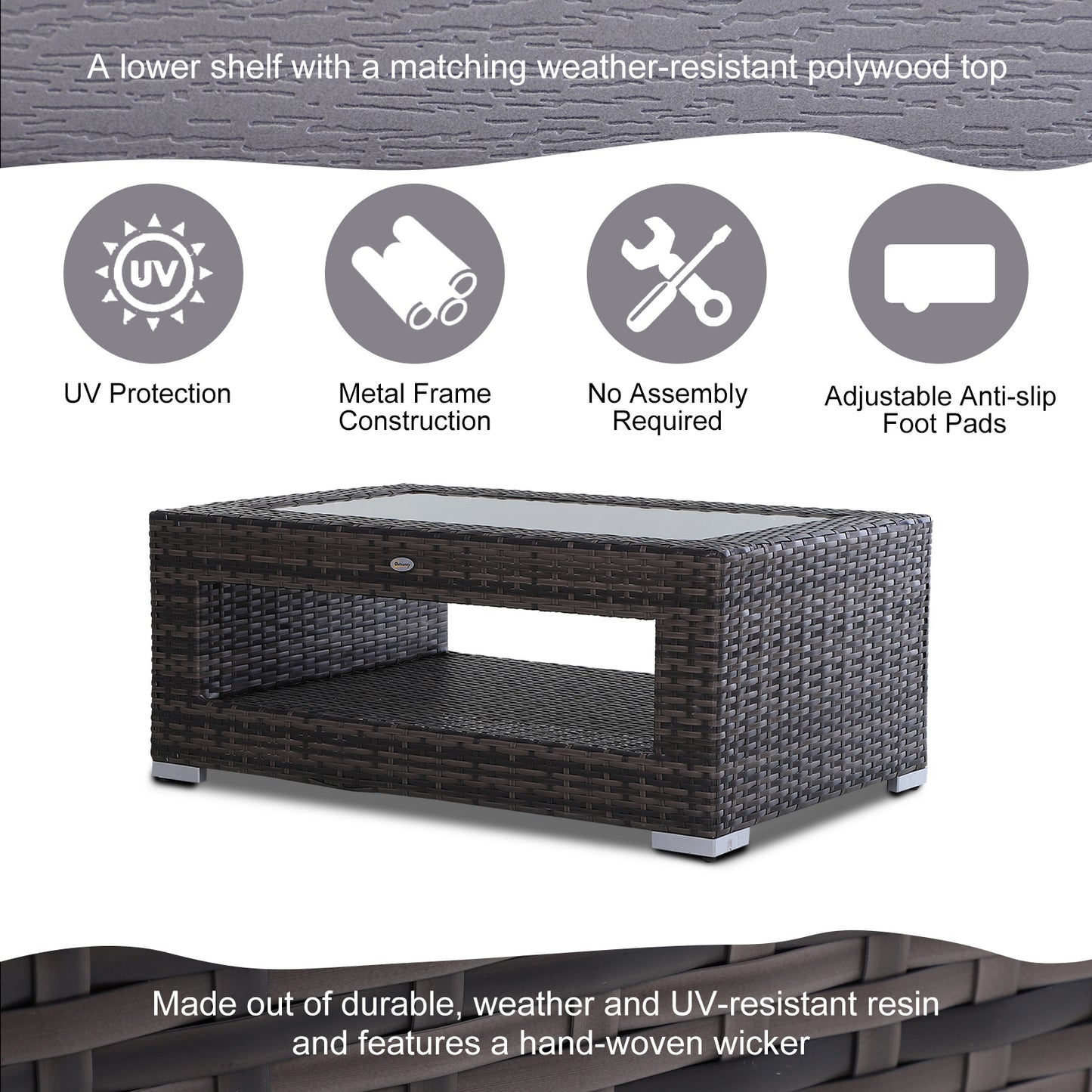 2-Tier Rattan Patio Coffee Table Wicker Patio Tea End Desk with Tempered Glass Top & Storage for Balcony, Backyard, Pool