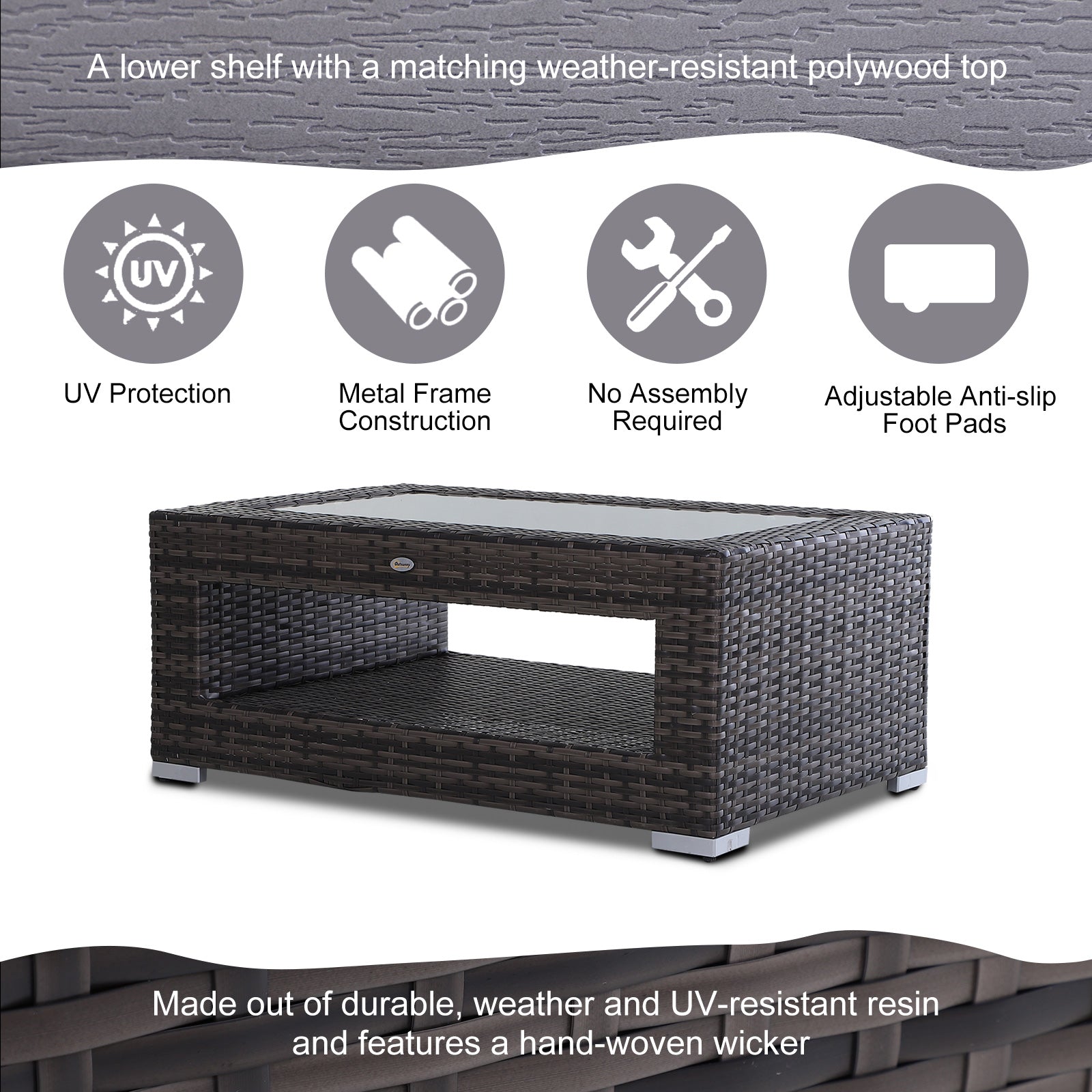2-Tier Rattan Patio Coffee Table Wicker Patio Tea End Desk with Tempered Glass Top & Storage for Balcony, Backyard, Pool
