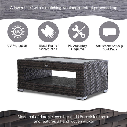 2-Tier Rattan Patio Coffee Table Wicker Patio Tea End Desk with Tempered Glass Top & Storage for Balcony, Backyard, Pool