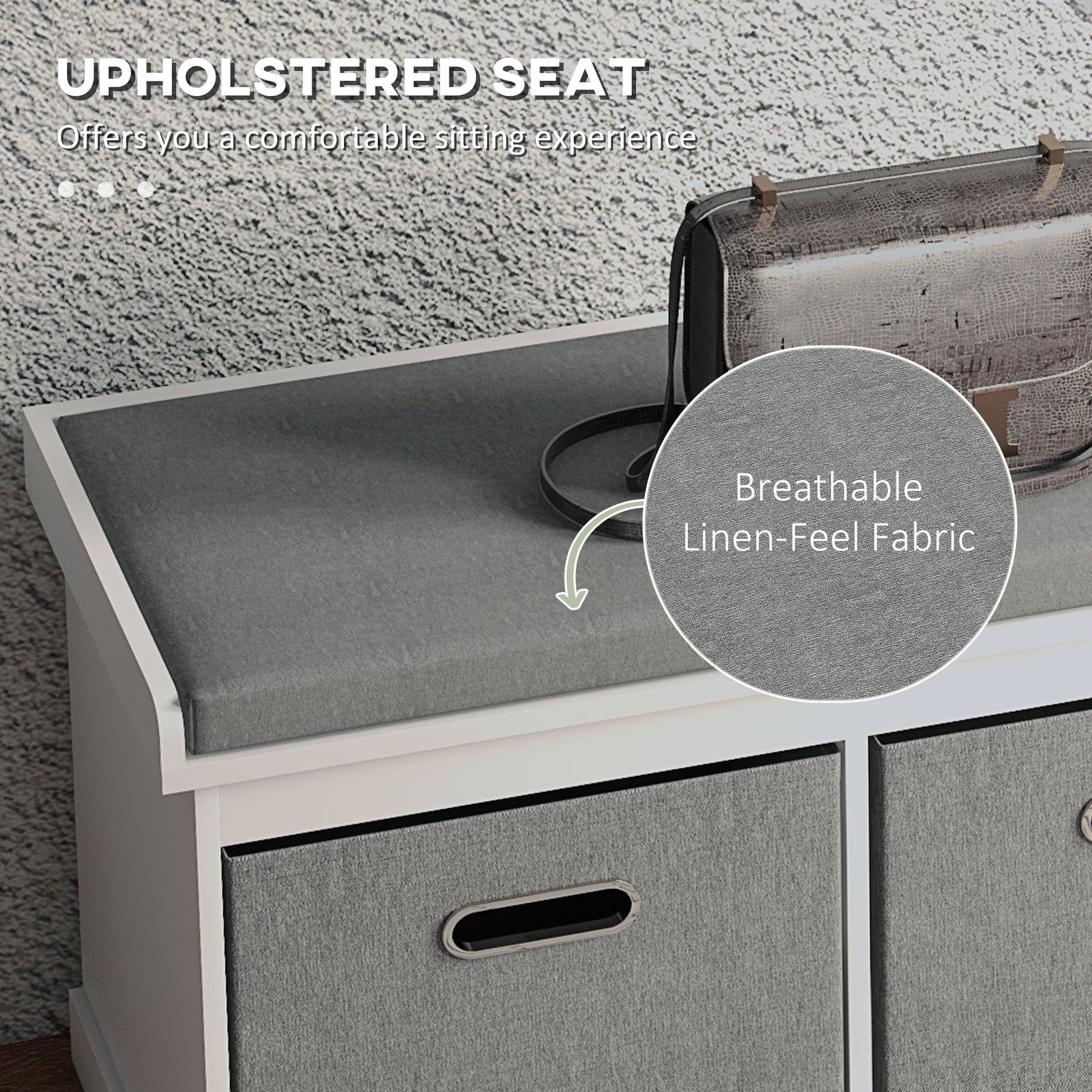 Shoe Storage Bench with Seat, Entryway Bench Seat with Cushion, 2 Fabric Drawers for Hallway, White