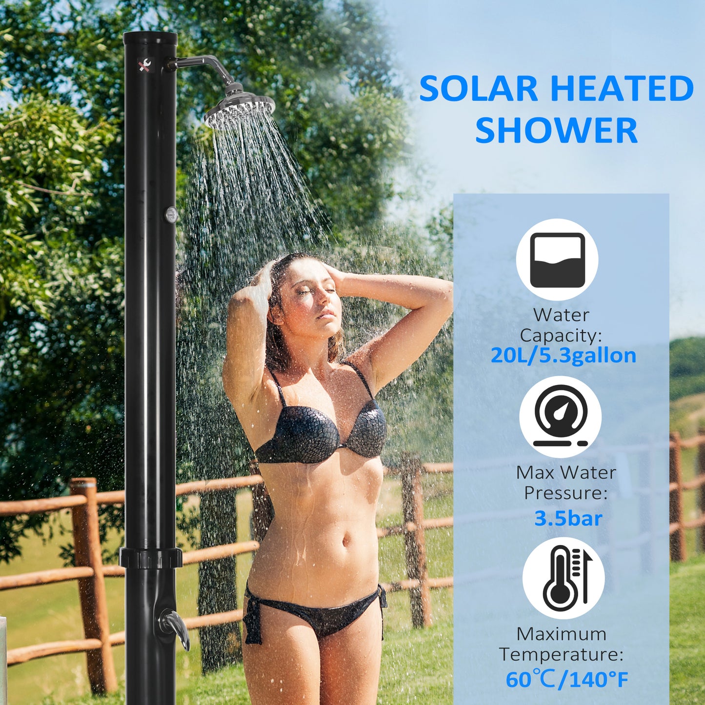 7.3FT 5.3 Gallon Solar Heated Shower, 2-Section Outdoor Shower with Shower Head, Foot Shower, Temperature Display for Ba