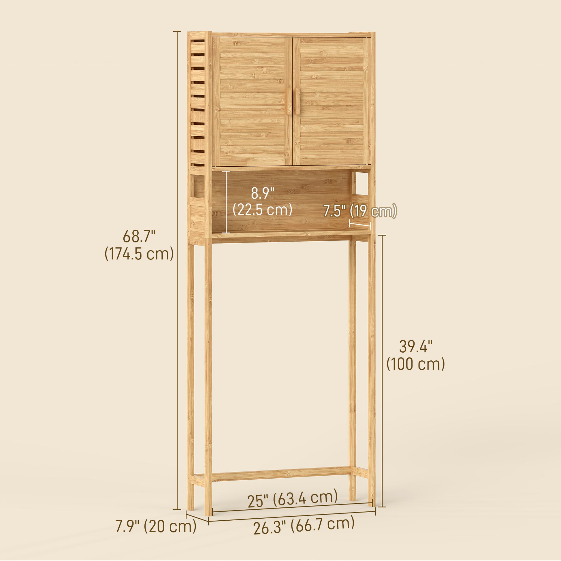 Over the Toilet Cabinet, Bathroom Organizer with 2 Doors, Open Compartment and Adjustable Shelf, Natural Wood Finish