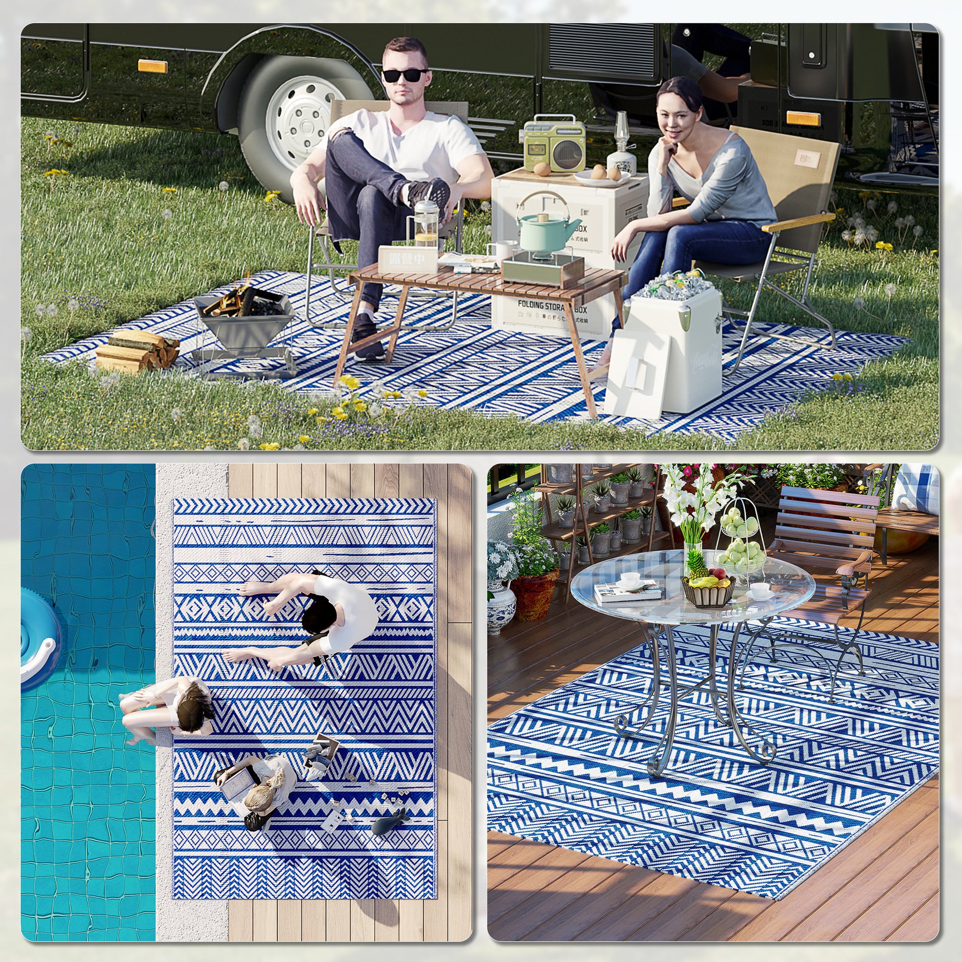 Reversible Outdoor Rug, Patio Floor Mat, 6' x 9' Plastic Rug for Backyard, Deck, Beach, Camping, Dark Blue and White