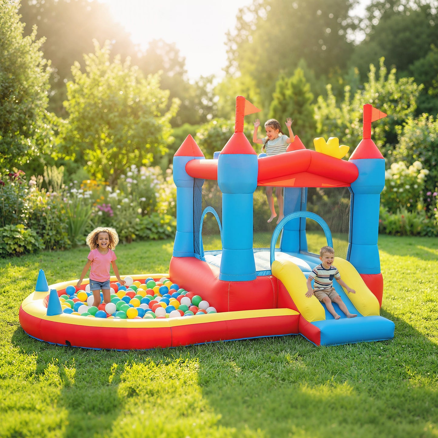 Qaba Bouncy Castle for Kids, Inflatable Bounce House with Slide, Pool/Ball Pit, Basketball Hoop and Blower for Indoor Ou