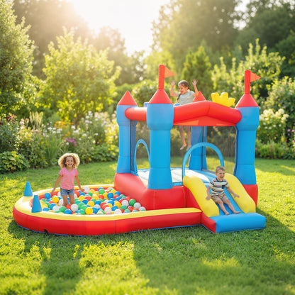 Qaba Bouncy Castle for Kids, Inflatable Bounce House with Slide, Pool/Ball Pit, Basketball Hoop and Blower for Indoor Ou