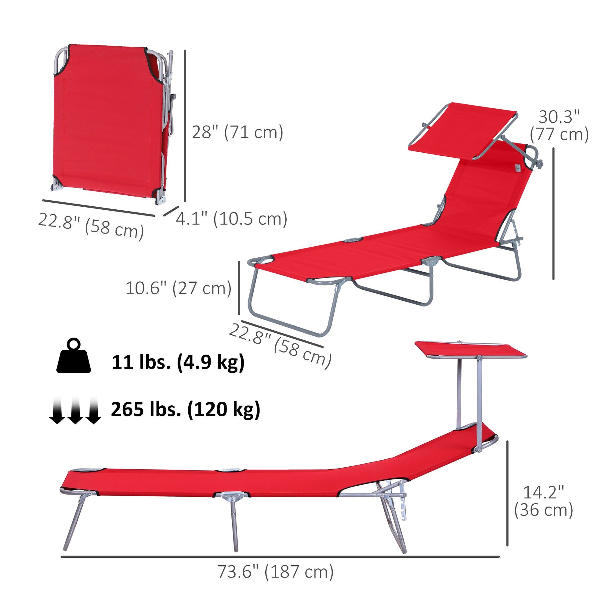 Outdoor Lounge Chair, Adjustable Folding Chaise Lounge, Tanning Chair with Sun Shade for Beach, Camping, Hiking, Backyar