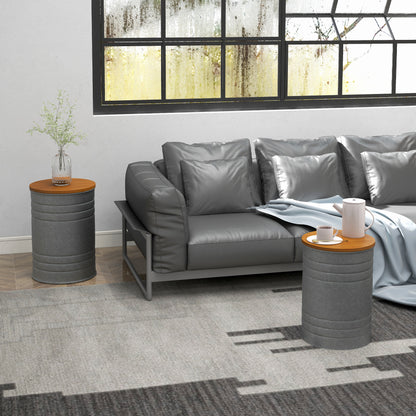 Round Side Table Set of 2, Nesting Coffee Tables w/ Wooden Lid, Galvanized Sheet Frame and Hidden Storage Space, Grey