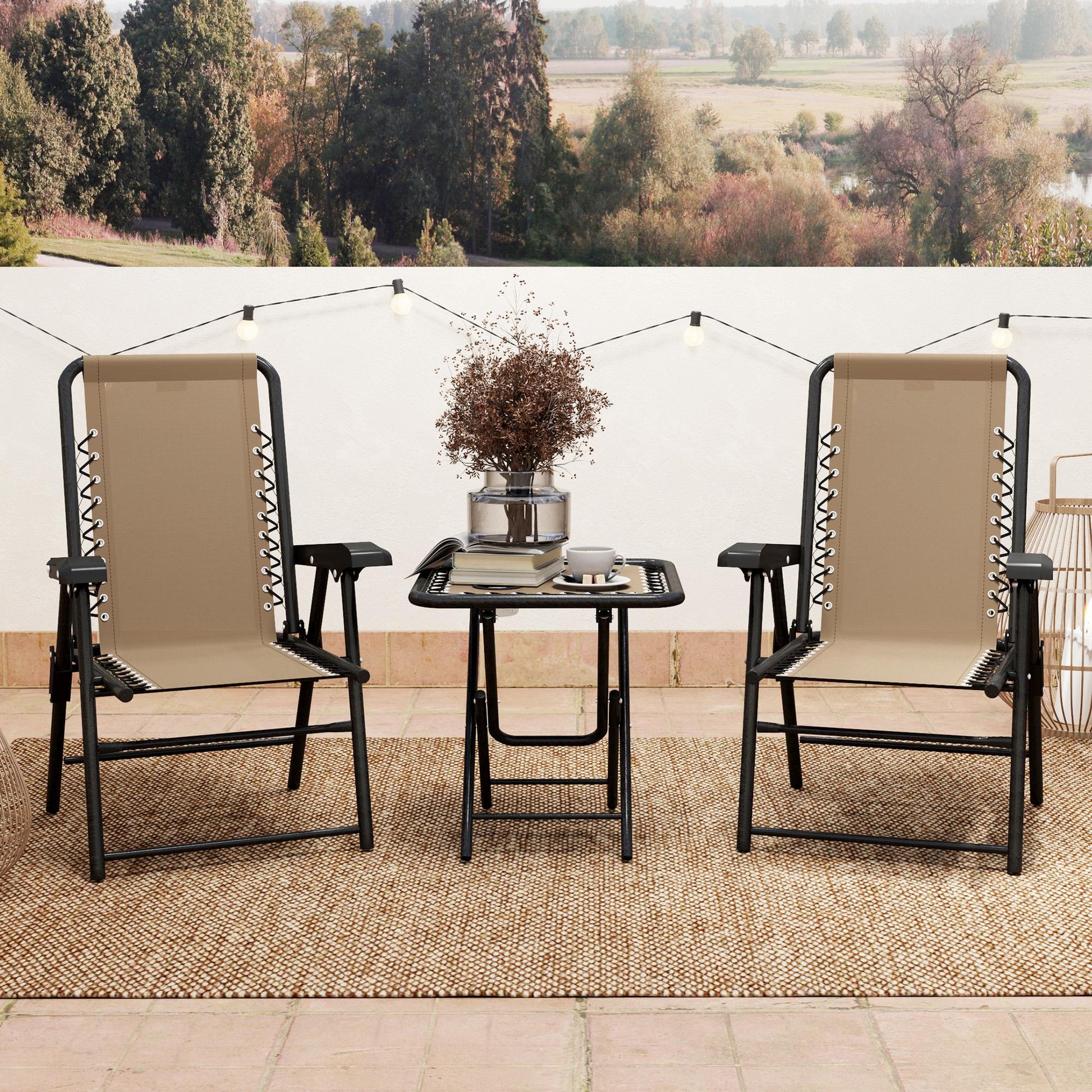 3 Pieces Patio Bistro Set, Outdoor Folding Table and Chairs Set, Metal Patio Furniture Set with Cup Holders, Khaki