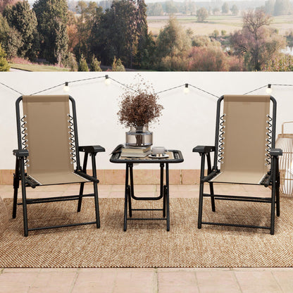 3 Pieces Patio Bistro Set, Outdoor Folding Table and Chairs Set, Metal Patio Furniture Set with Cup Holders, Khaki
