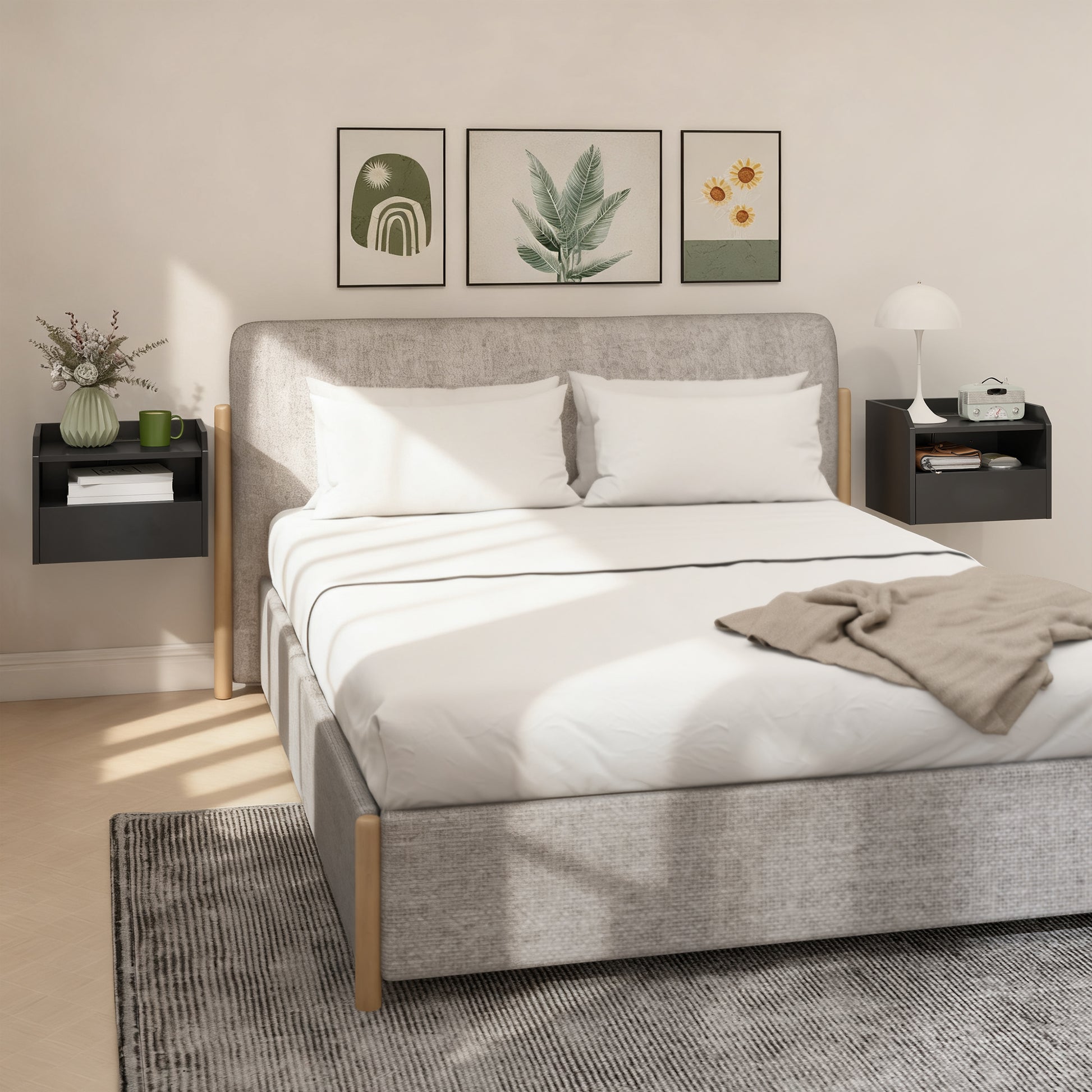 Wall Mounted Bedside Table, Set of 2 Floating Nightstand with Charging Station, Drawer and Open Shelf for Bedroom, Black