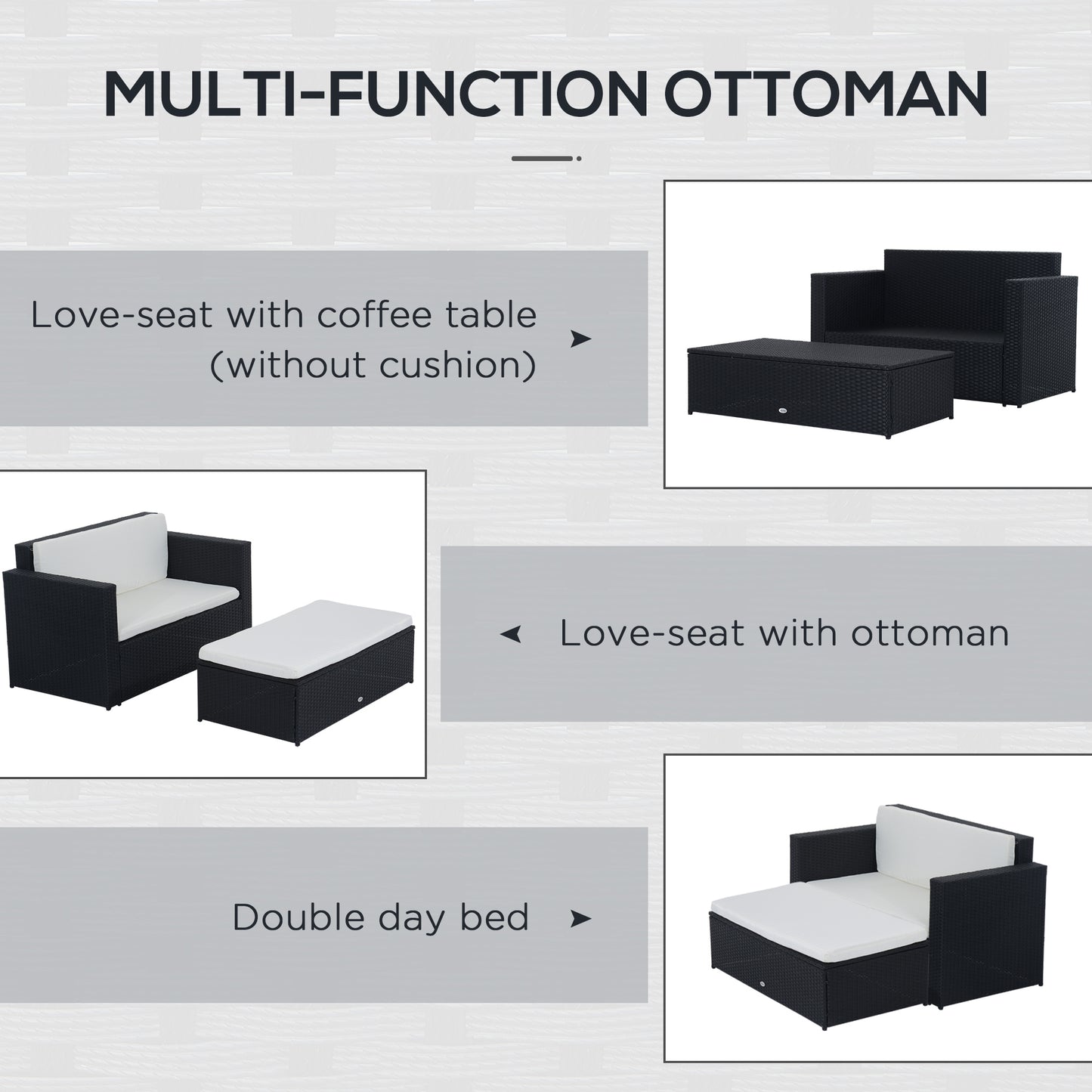 2 Pieces Wicker Patio Furniture Set with Double Ottoman, Outdoor PE Rattan Conversation Set with Loveseat and Two Seat O
