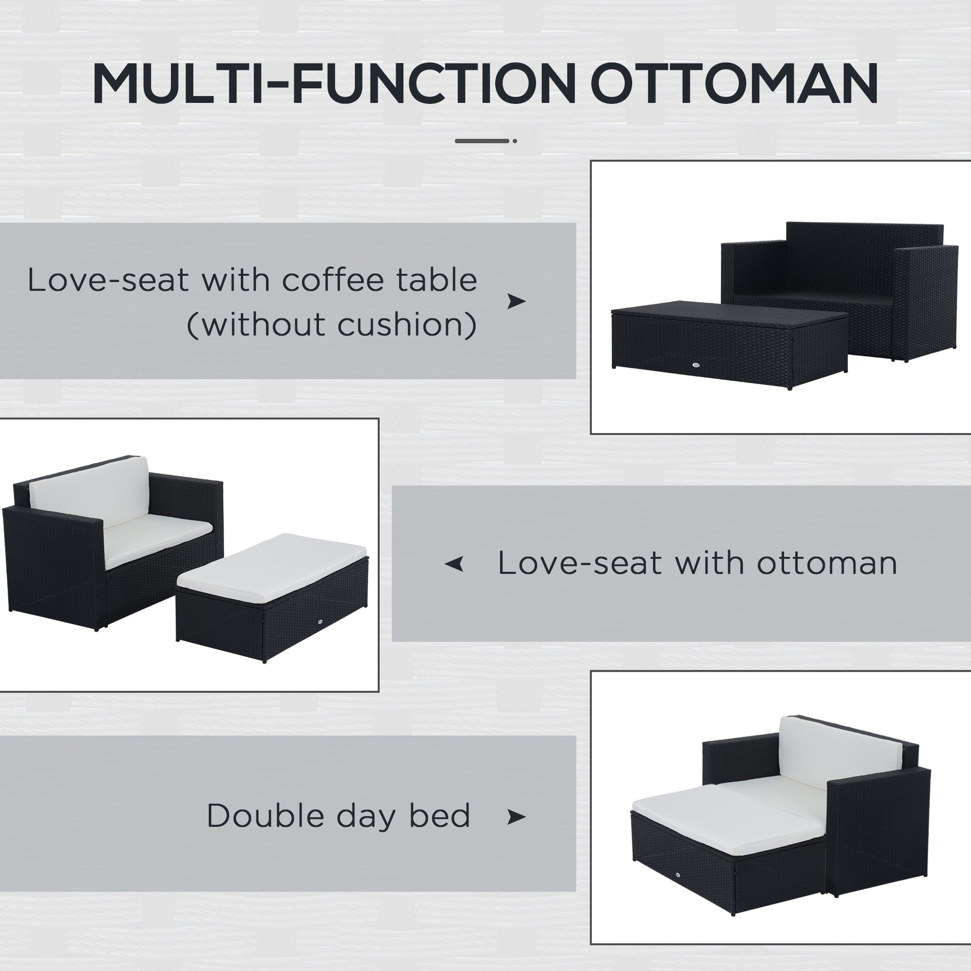 2 Pieces Wicker Patio Furniture Set with Double Ottoman, Outdoor PE Rattan Conversation Set with Loveseat and Two Seat O