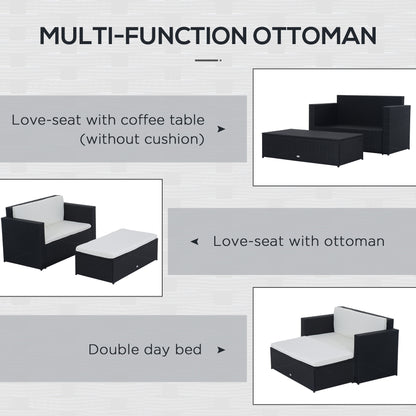 2 Pieces Wicker Patio Furniture Set with Double Ottoman, Outdoor PE Rattan Conversation Set with Loveseat and Two Seat O
