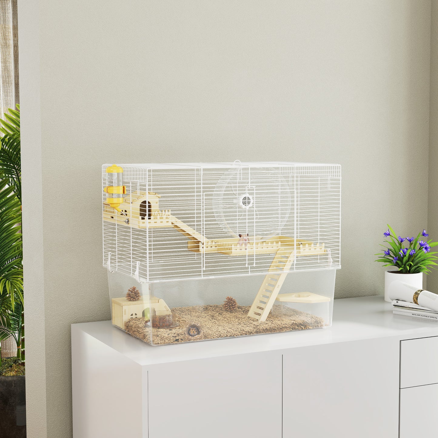 Hamster Cage with Deep Bottom, Wooden Ramp, Hut, Bathroom and Exercise Wheel for Hamster and Gerbil, White