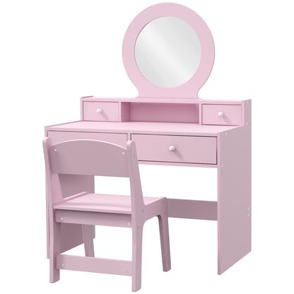 Qaba Kids Vanity Set, Children Makeup Table with Mirror, Stool and Storage Drawers, for Ages 3-8, Pink