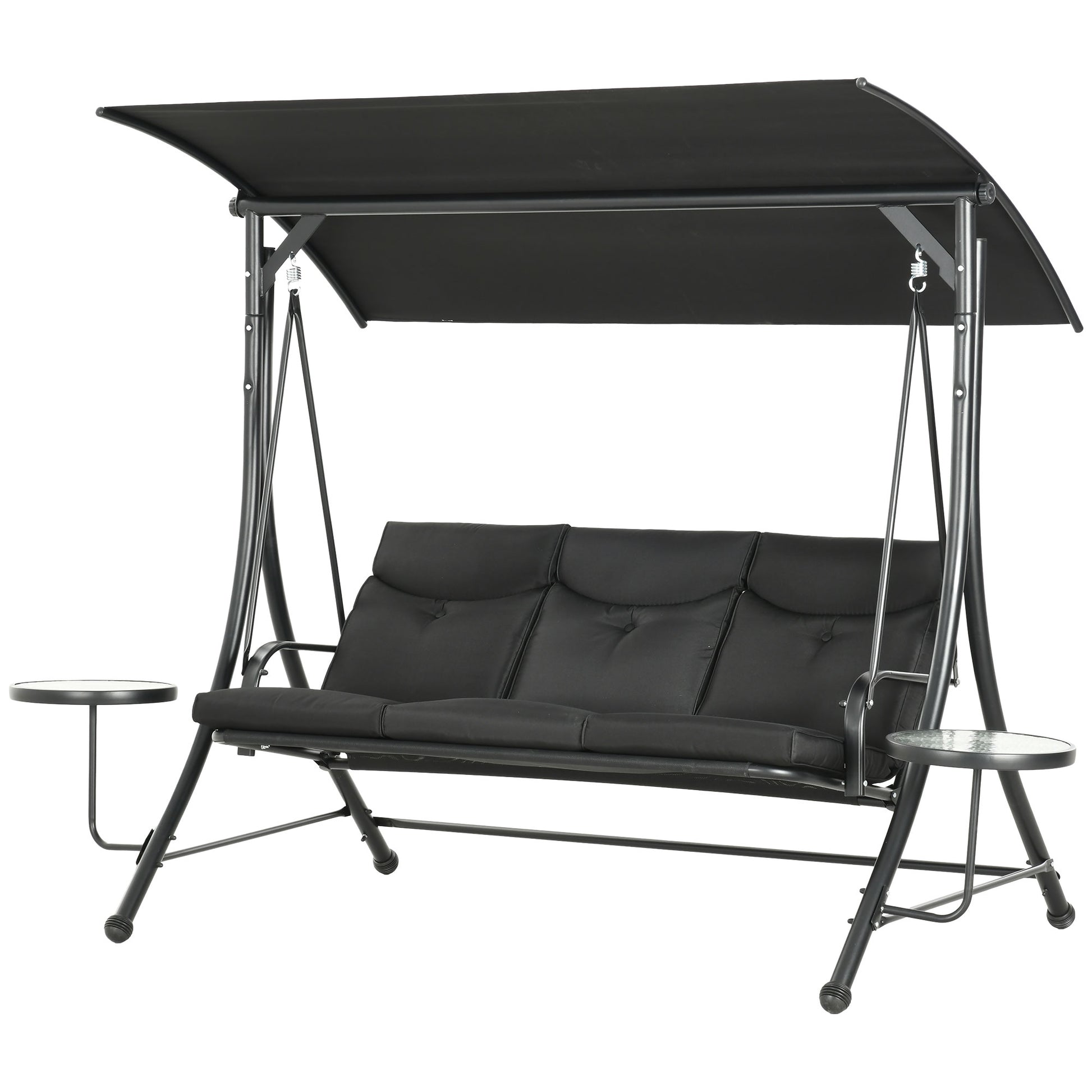 3-Seat Outdoor Swing Chair Steel Swing Bench with Adjustable Canopy & Coffee Tables & Cushion for Patio Garden, Black