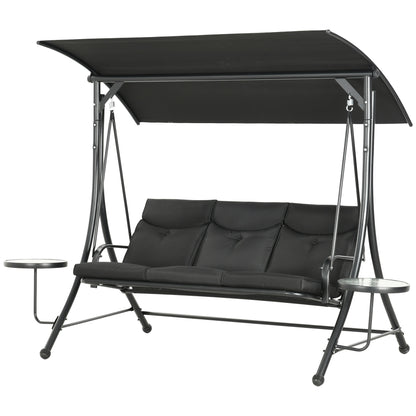 3-Seat Outdoor Swing Chair Steel Swing Bench with Adjustable Canopy & Coffee Tables & Cushion for Patio Garden, Black