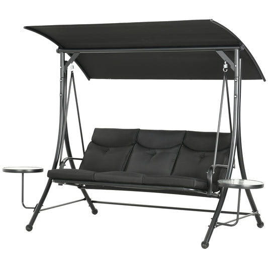 3-Seat Outdoor Swing Chair Steel Swing Bench with Adjustable Canopy & Coffee Tables & Cushion for Patio Garden, Black