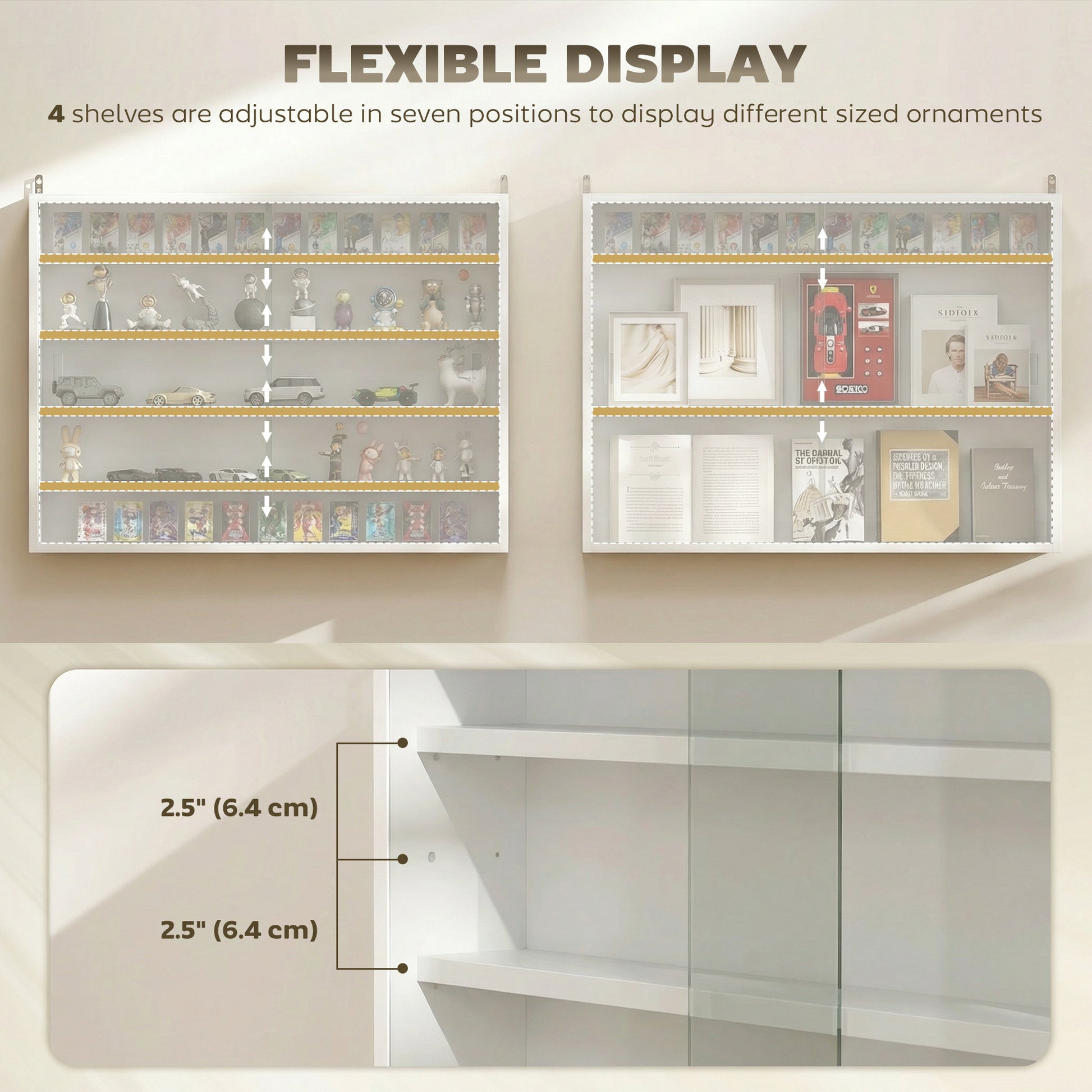 5-storey Display Cabinet, Shot Glass Display Case, Glass Curio Cabinet with 2 Glass Doors and 4 Adjustable Shelves, Whit