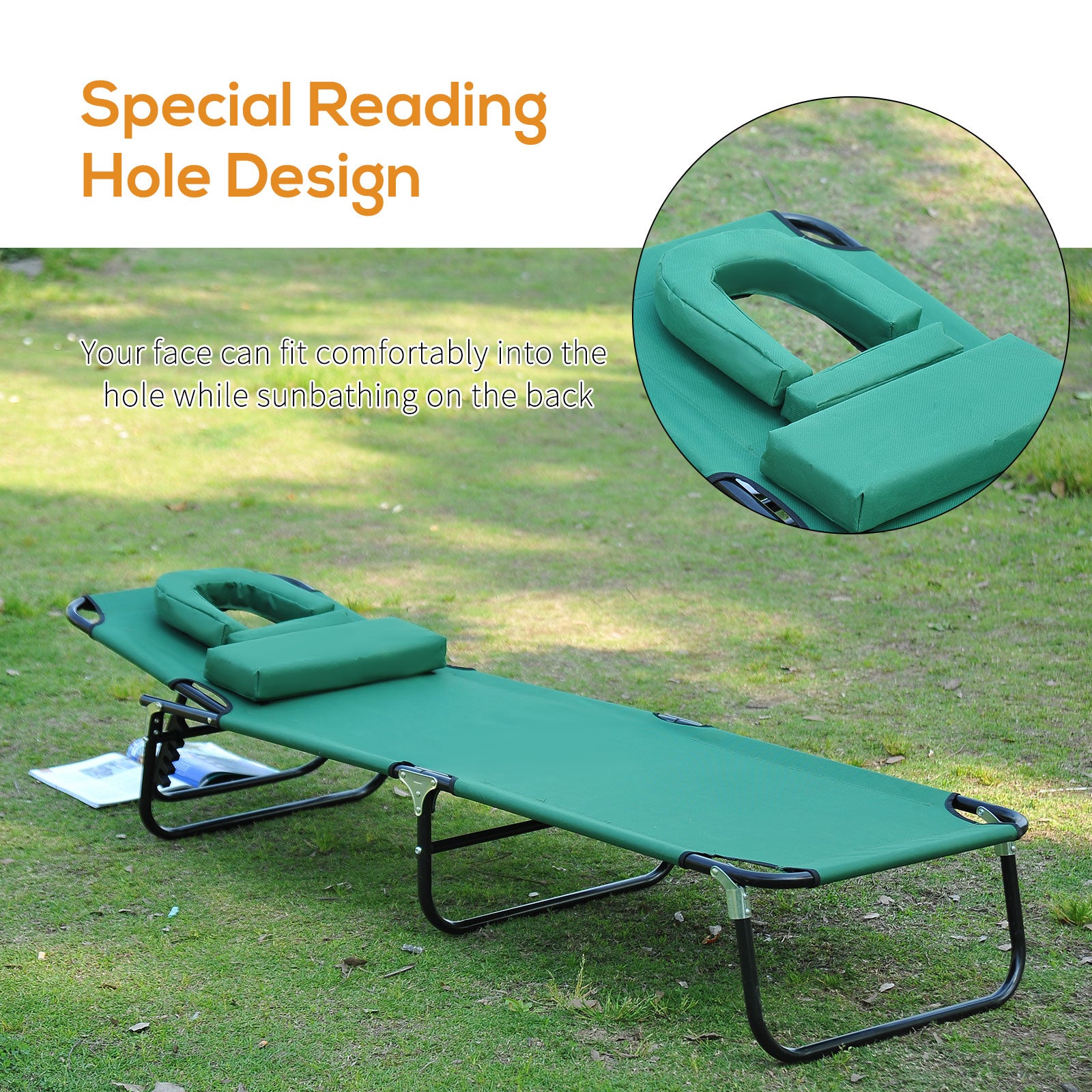 Folding Outdoor Lounge Chair, Portable Reclining Beach Lounger with Face Hole, Detachable Pillow, 3-Position Adjustable 