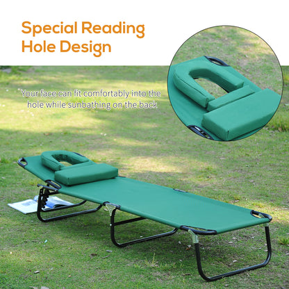 Folding Outdoor Lounge Chair, Portable Reclining Beach Lounger with Face Hole, Detachable Pillow, 3-Position Adjustable 