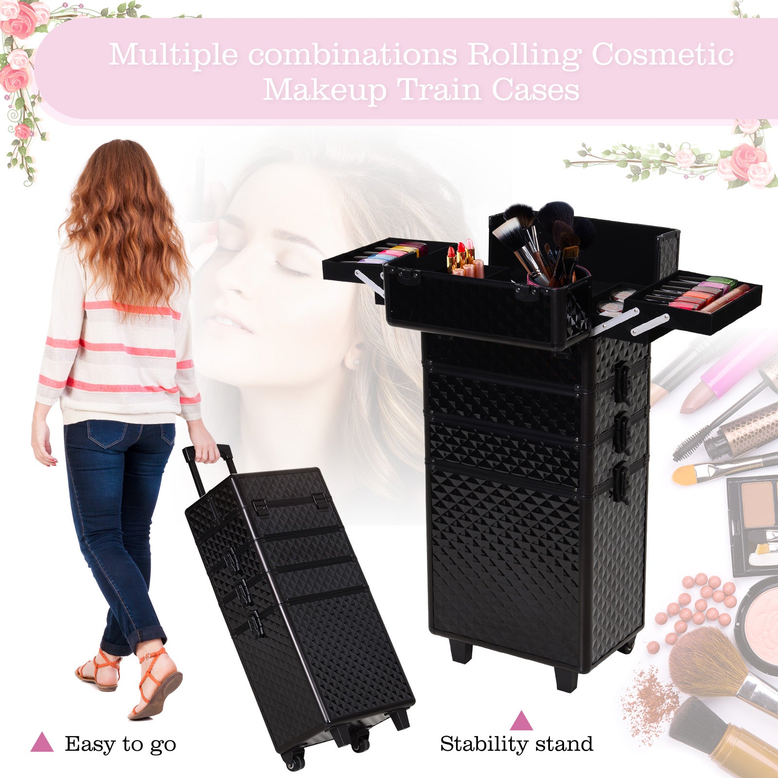 4 in 1 Portable Aluminum Makeup Case Train Cases, Rolling Makeup Case with 2 Wheels, Multiple Compartments and Lift Hand