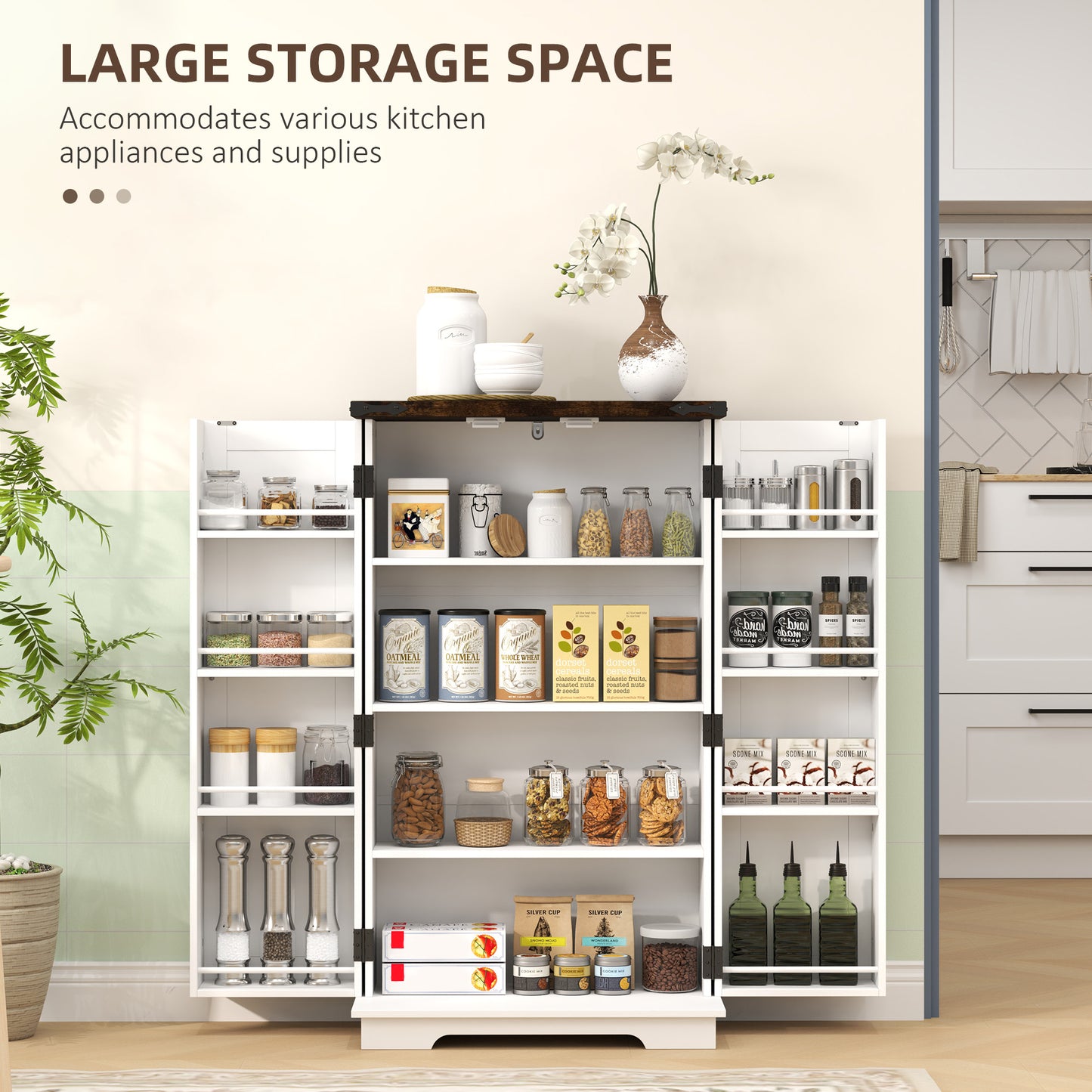Kitchen Pantry Cabinet with 4-tier Shelving, 6 Spice Racks, Farmhouse Storage Cabinet with Adjustable Shelves, Easy Clea