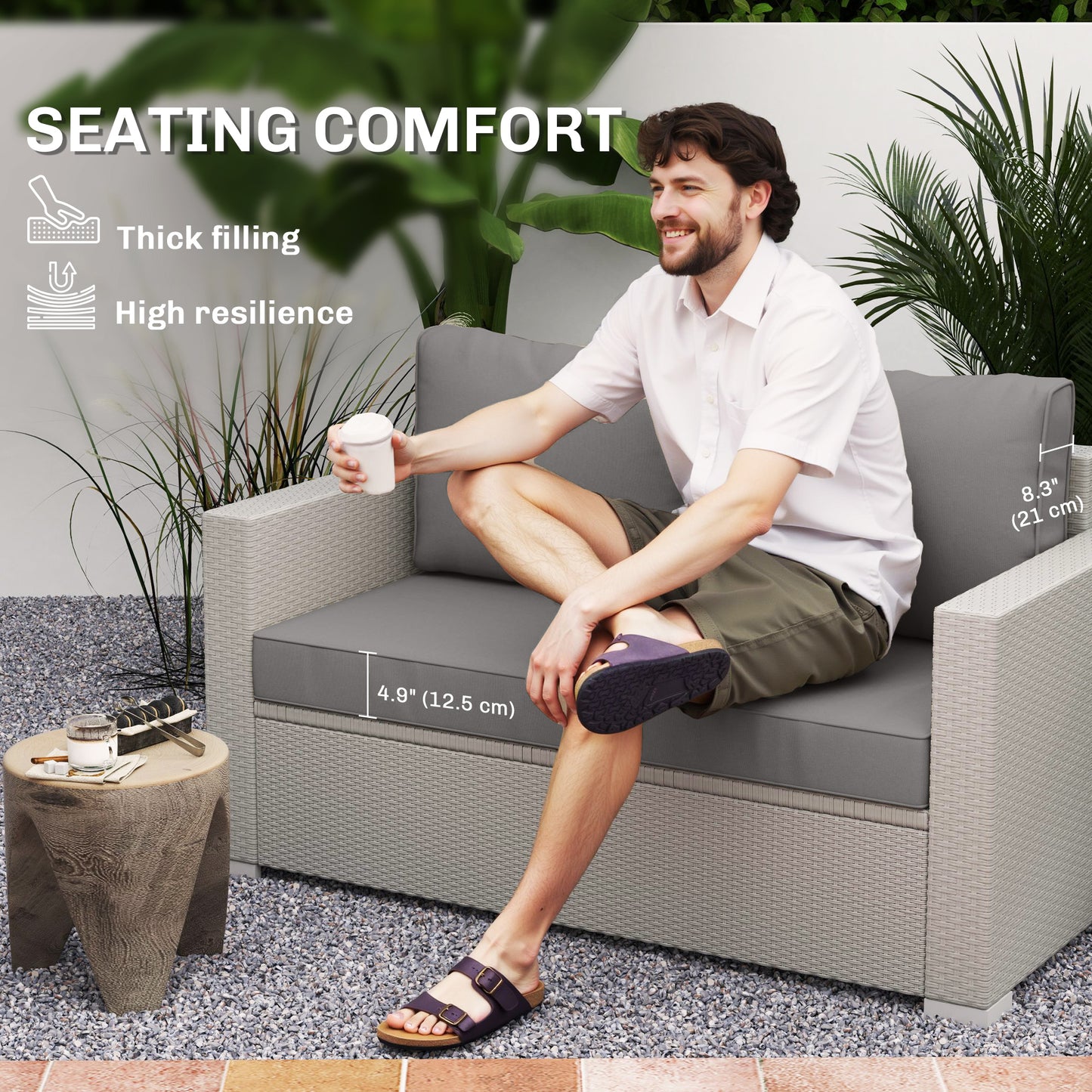 2 Seater Outdoor Seat Cushions with Backrest, Loveseat Double Sofa Outdoor Furniture Cushions, Light Grey